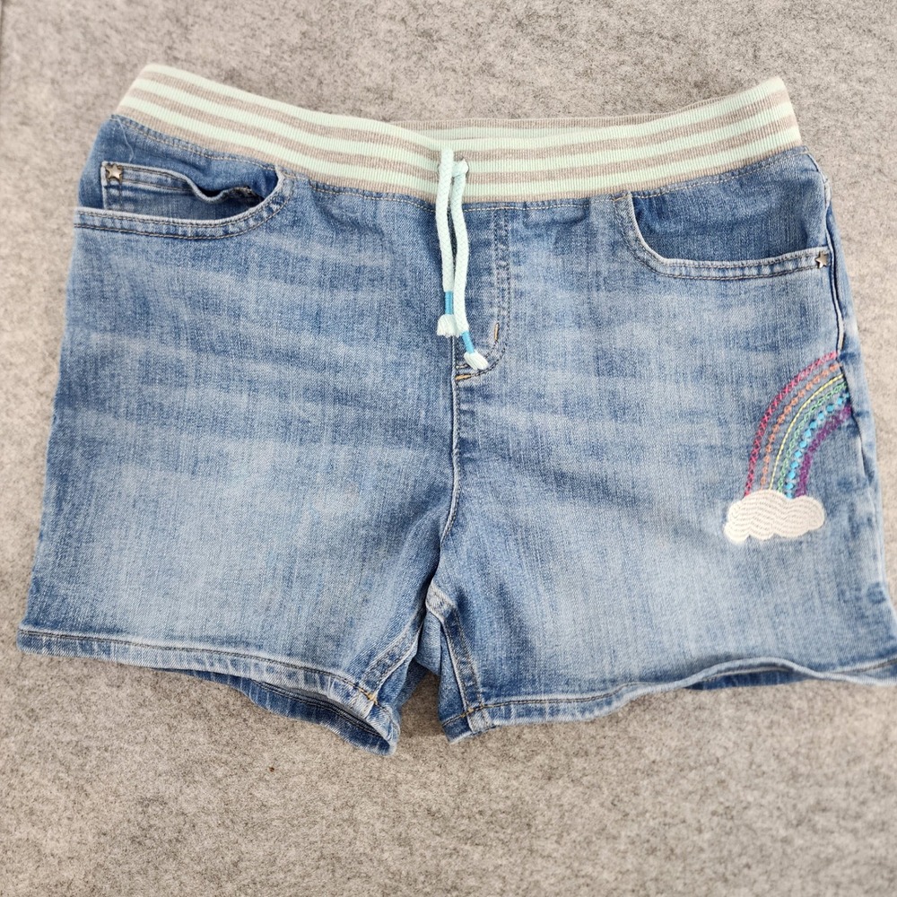Lands End Girls XL 14-16‎ Blue Denim Rainbow Embroidered Pull On Jean Shorts